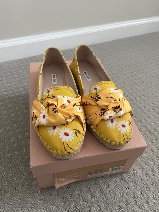 Miu Miu Shoes - Miu Miu Yellow Floral Knot Espadrille Loafers with Daisy Print